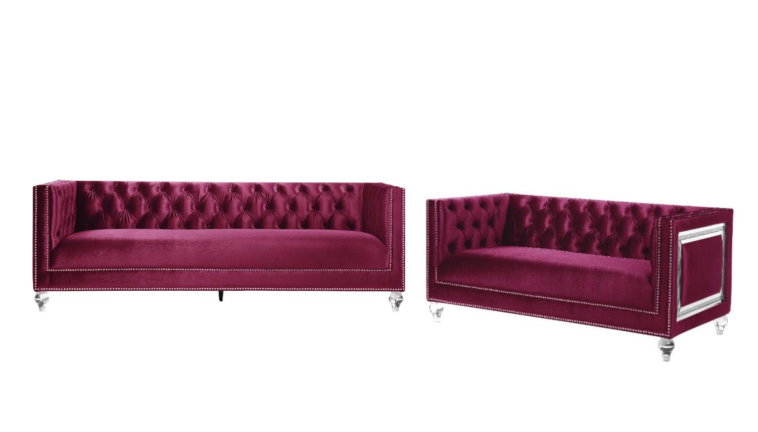 Classic Sofa and Loveseat Set Heibero LV01400-2pcs in Burgundy Velvet