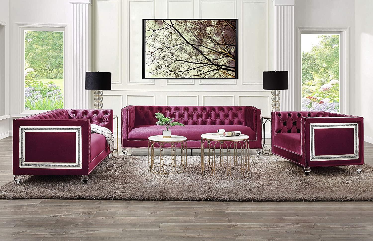 

    
Classic Burgundy Velvet Sofa + Loveseat + Chair by Acme Heibero LV01400-3pcs
