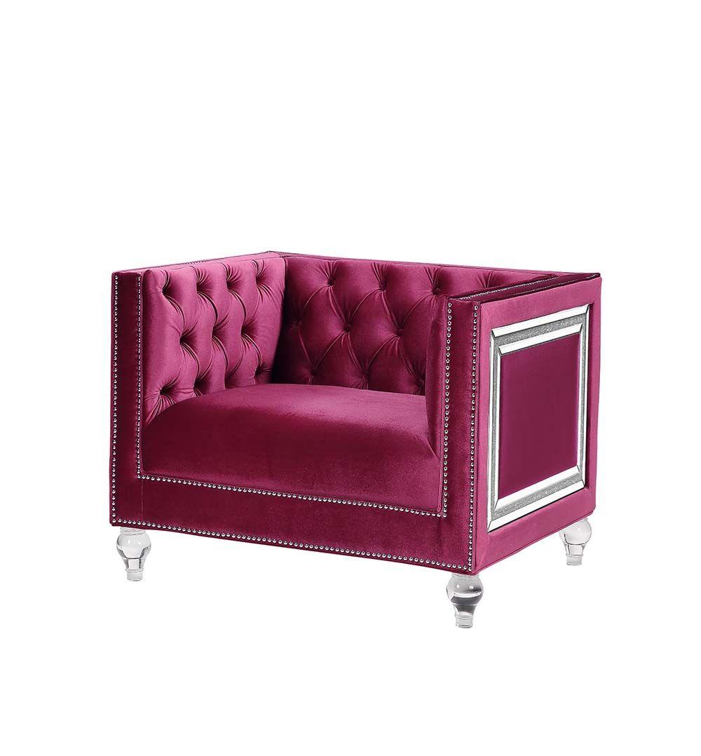 

                    
Acme Furniture Heibero Sofa Loveseat and Chair Set Burgundy Velvet Purchase 
