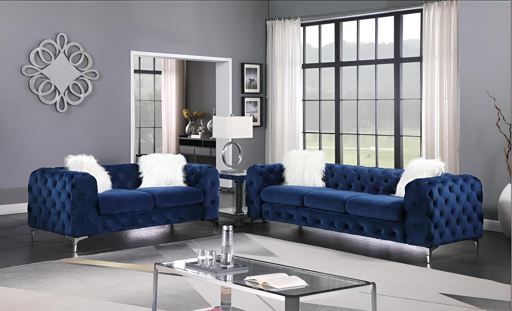 Contemporary Sofa and Loveseat Set SF1818 SF1818-2PC in Blue Microfiber