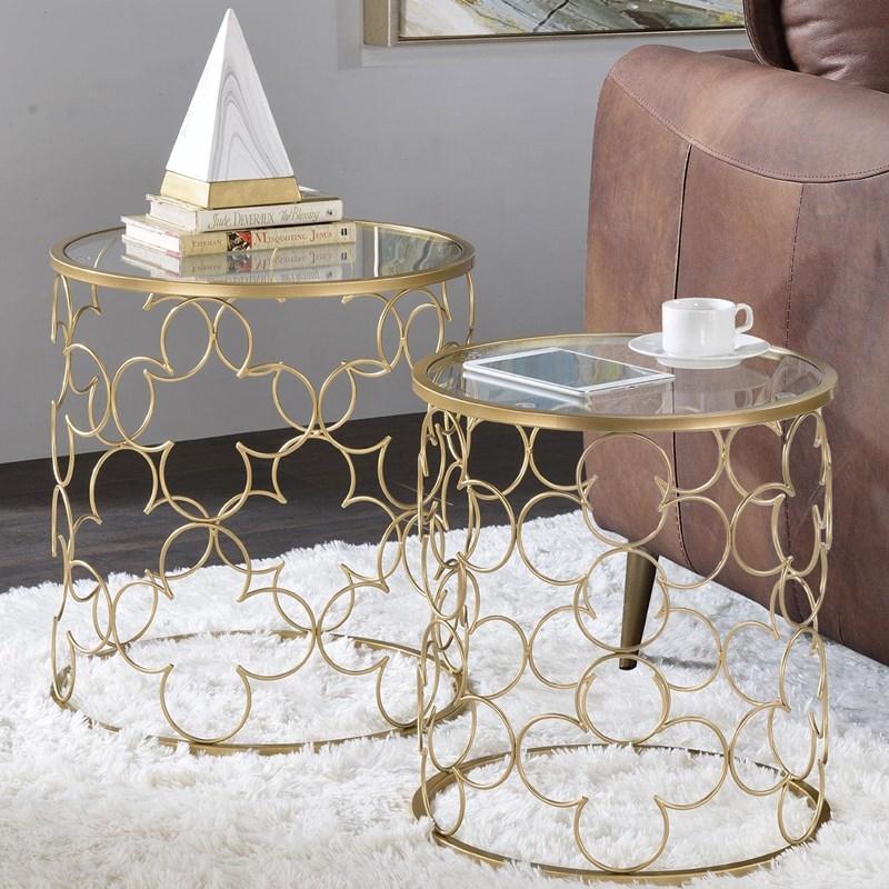 

    
Classic Clear Glass & Gold Finish 2pcs Nesting Coffee Tables by Acme Flowie 82342
