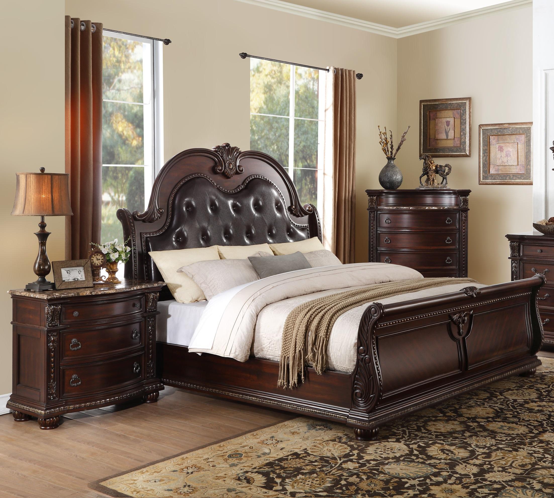 Classic Bedroom Set 1757-1-3PC Cavalier 1757-1-3PC in Dark Cherry Faux Leather
