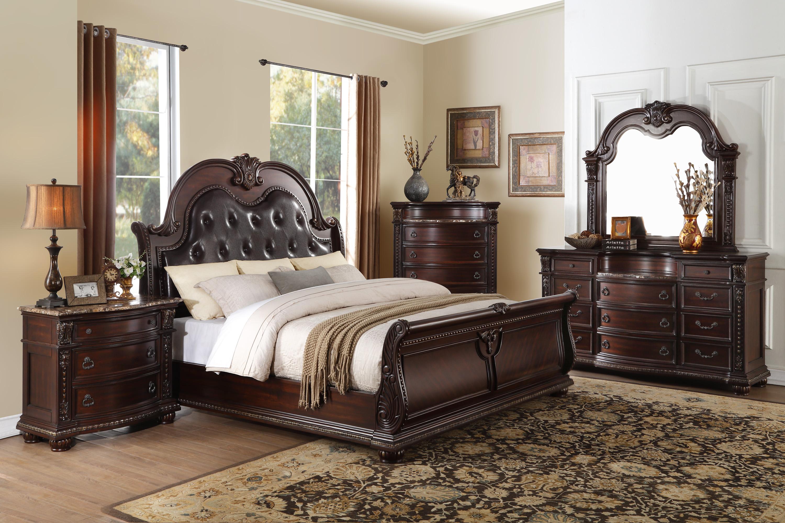 Classic Bedroom Set 1757-1-6PC Cavalier 1757-1-6PC in Dark Cherry Faux Leather