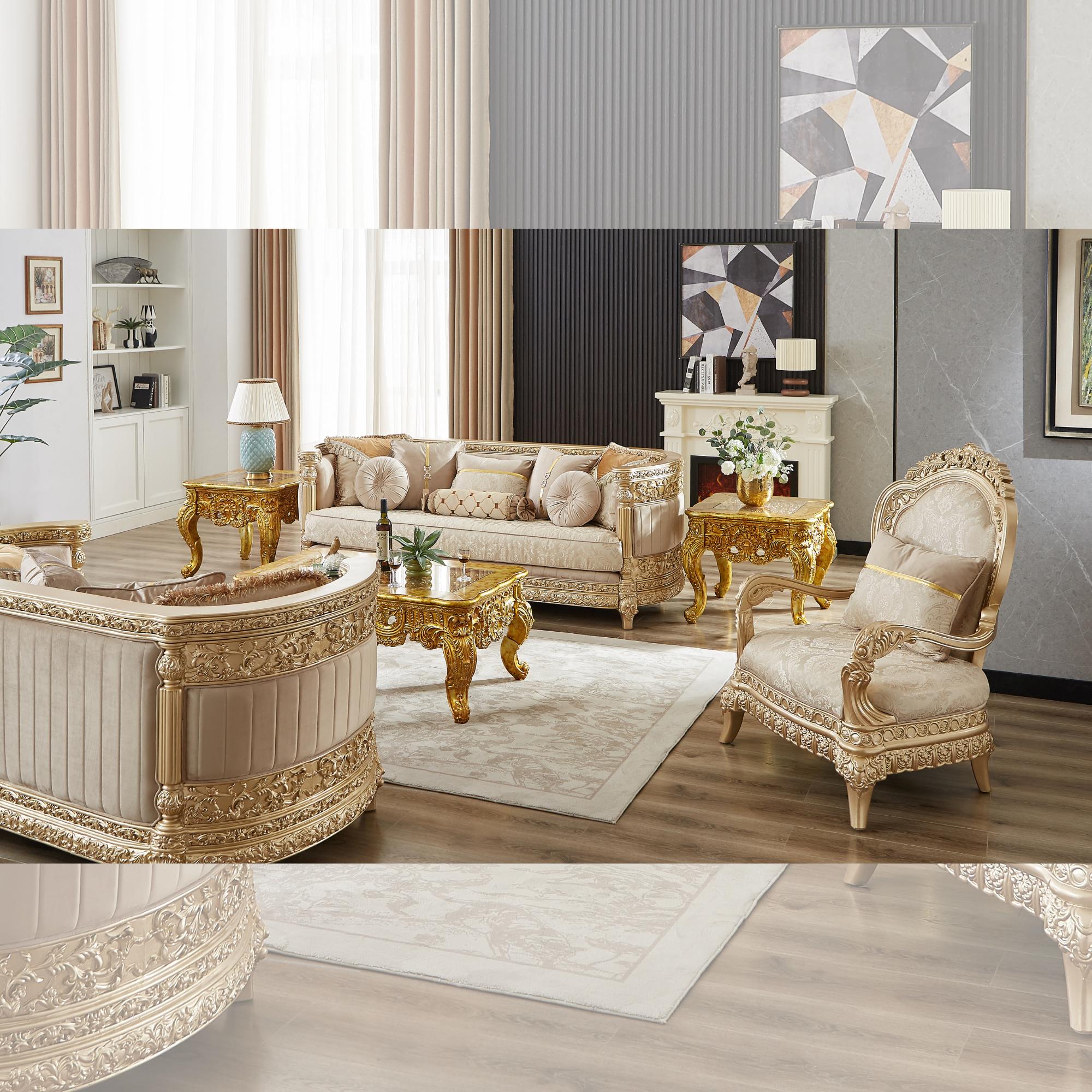 Classic, Traditional Living Room Set HD-9023 Living Room Set 3PCS HD-3PC9023 HD-3PC9023 in Gold, Beige Fabric