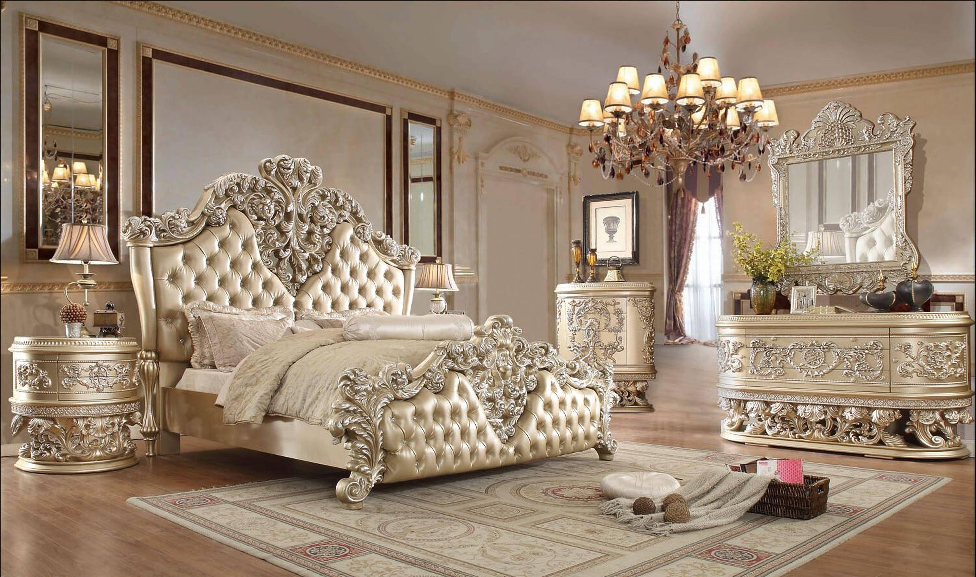 

    
Classic Gold Leather Eastern King Bedroom Set by Acme Vatican BD00461EK-5pcs
