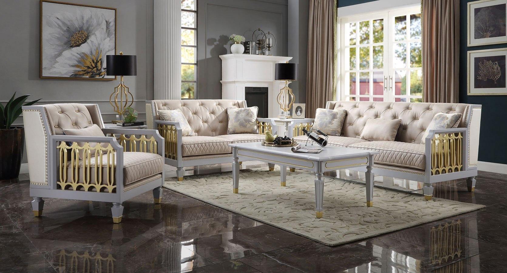 

    
Classic Gold & Pearl Gray Living Room Set by Acme House Marchese 58865-4pcs
