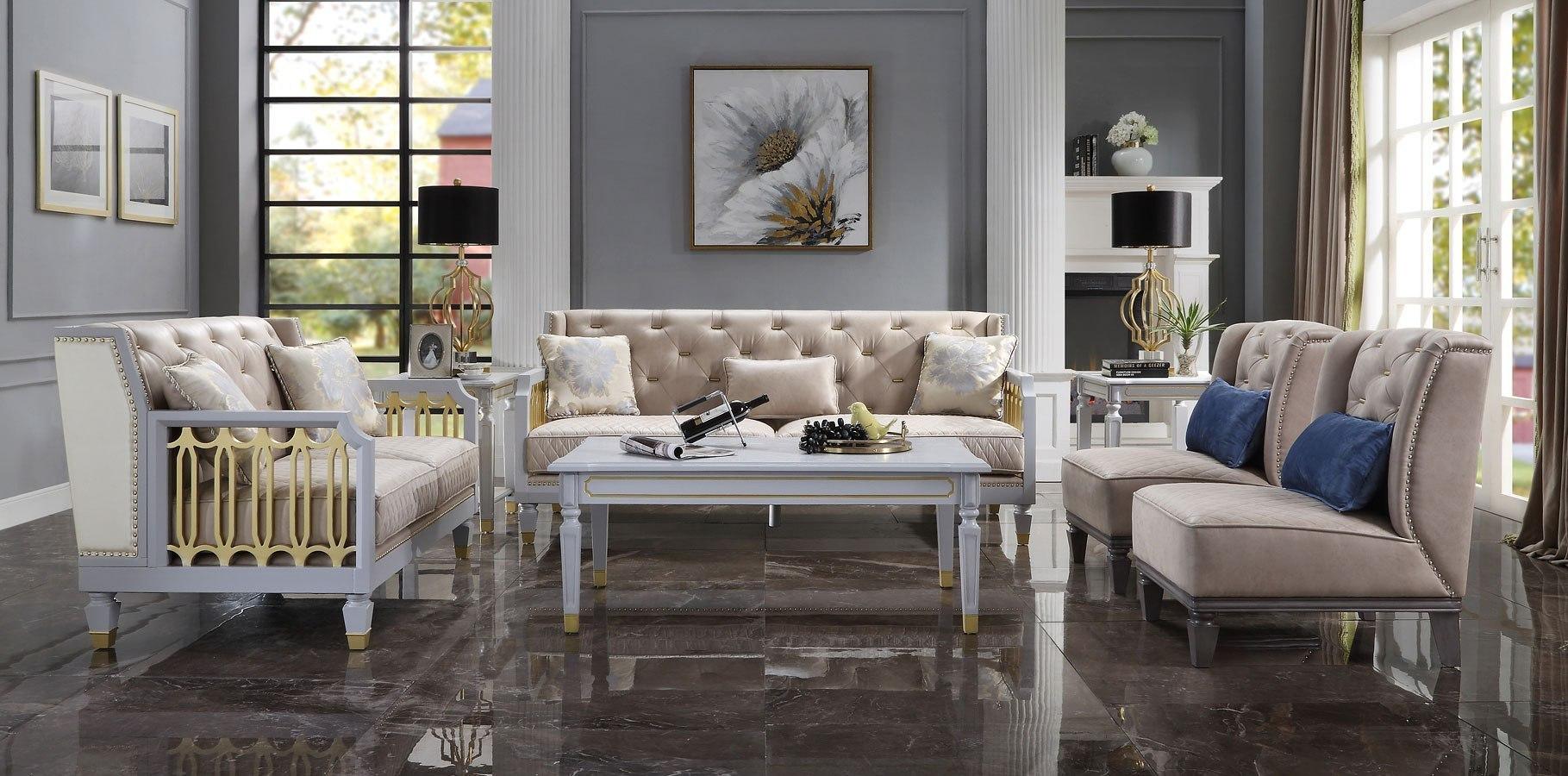 

    
Classic Gold & Pearl Gray Sofa + Loveseat + 2 Accent Chair by Acme House Marchese 58865-5pcs
