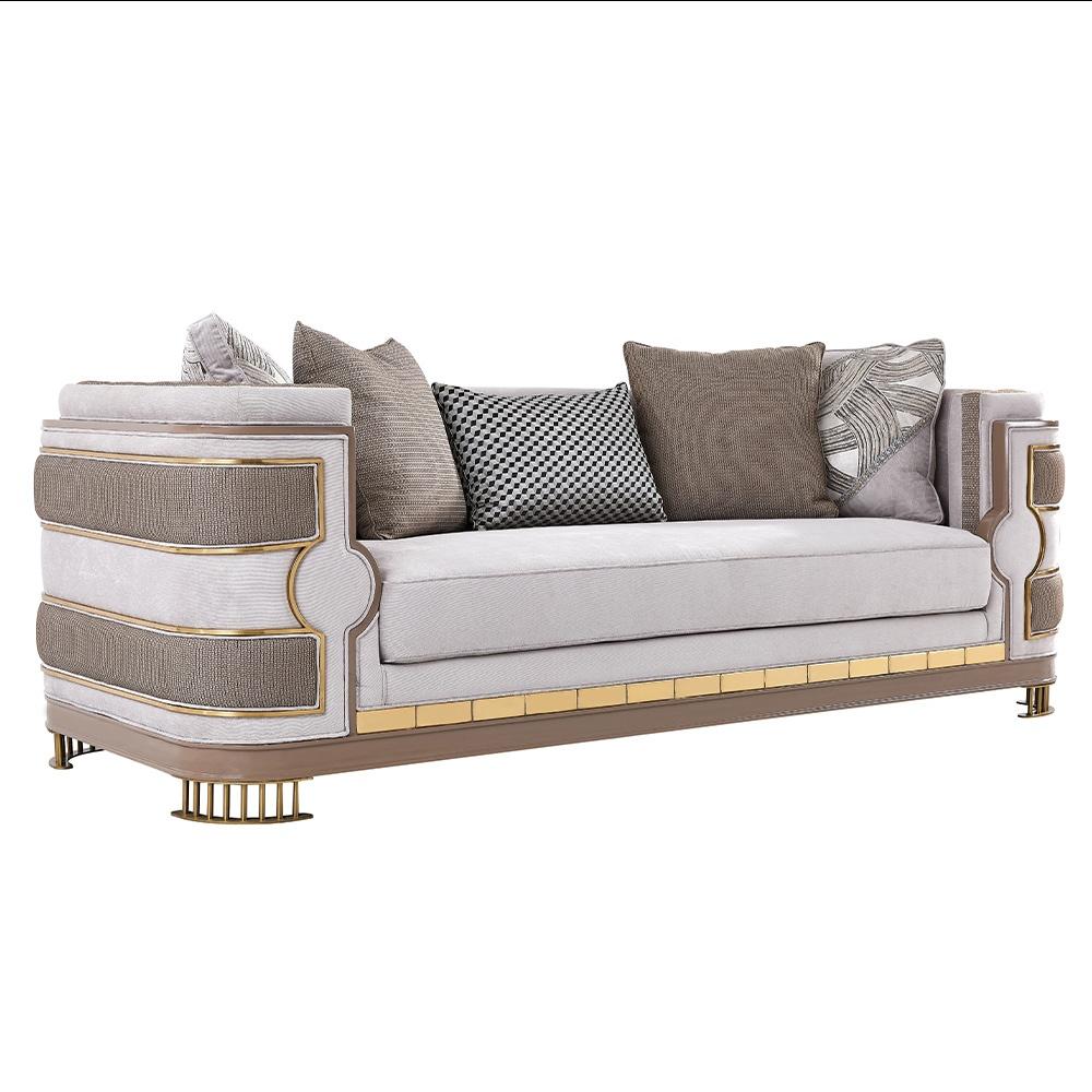 Classic Sofa Set HD-9020 HD-9020-SET3-1 in Gray, Gold Fabric