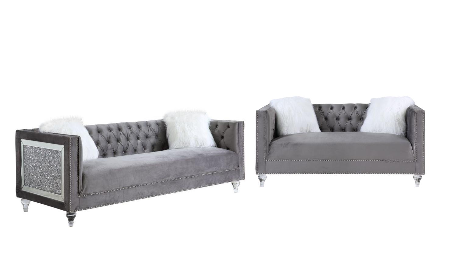 Classic Sofa and Loveseat Set HeiberoII LV00330-2pcs in Gray Velvet