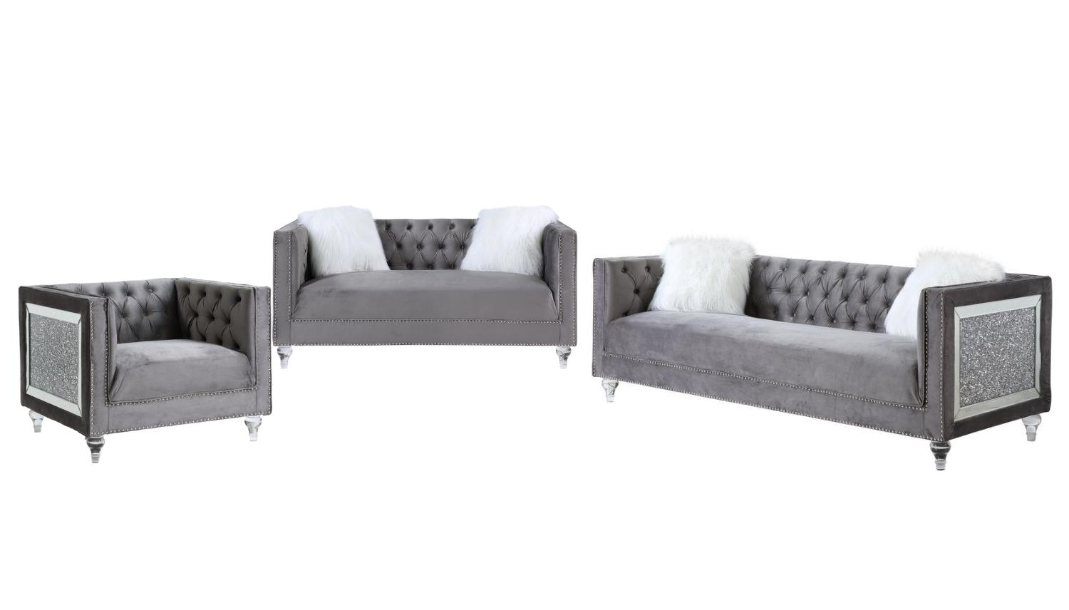 

    
Classic Gray Velvet Sofa + Loveseat + Chair by Acme Heibero II LV00330-3pcs
