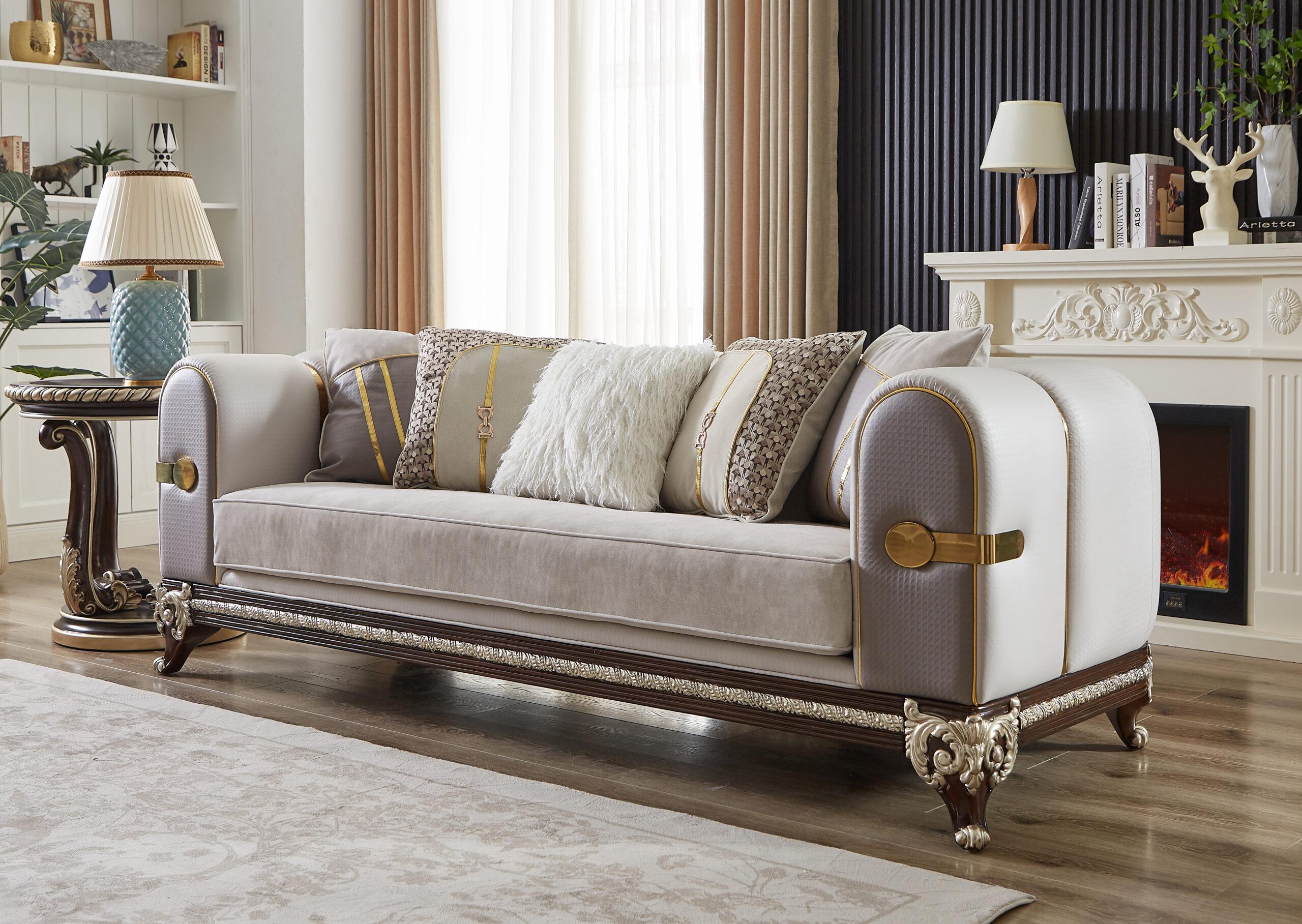 

    
Classic Light Gray/Gold Wood Sofa Homey Design HD-9030
