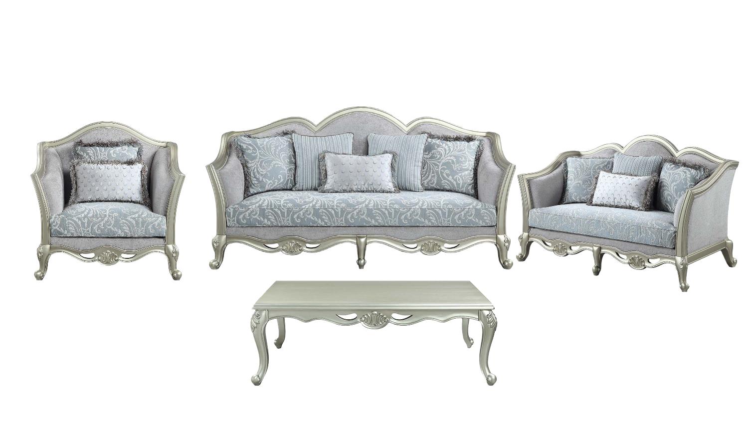 

    
Classic Light Gray Linen Sofa + Loveseat + Chair + Coffee Table by Acme Qunsia LV01117-4pcs
