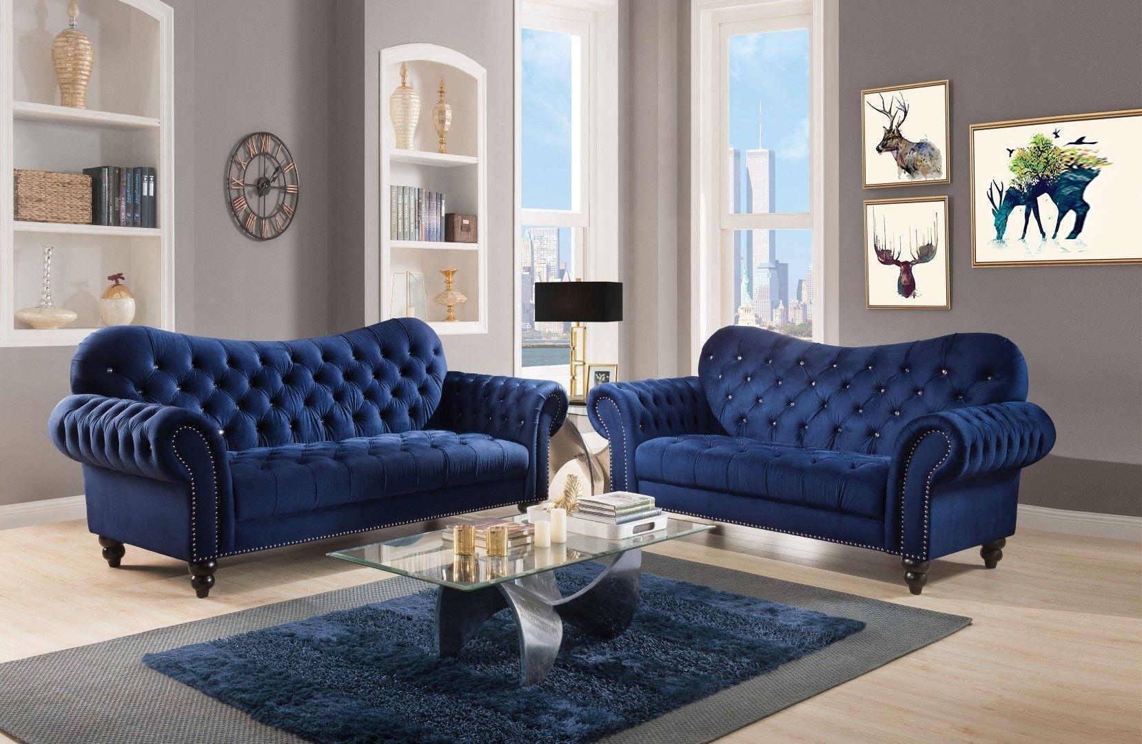 

    
 Order  Classic Navy Blue Velvet Sofa + Loveseat by Acme Iberis 53405-2pcs
