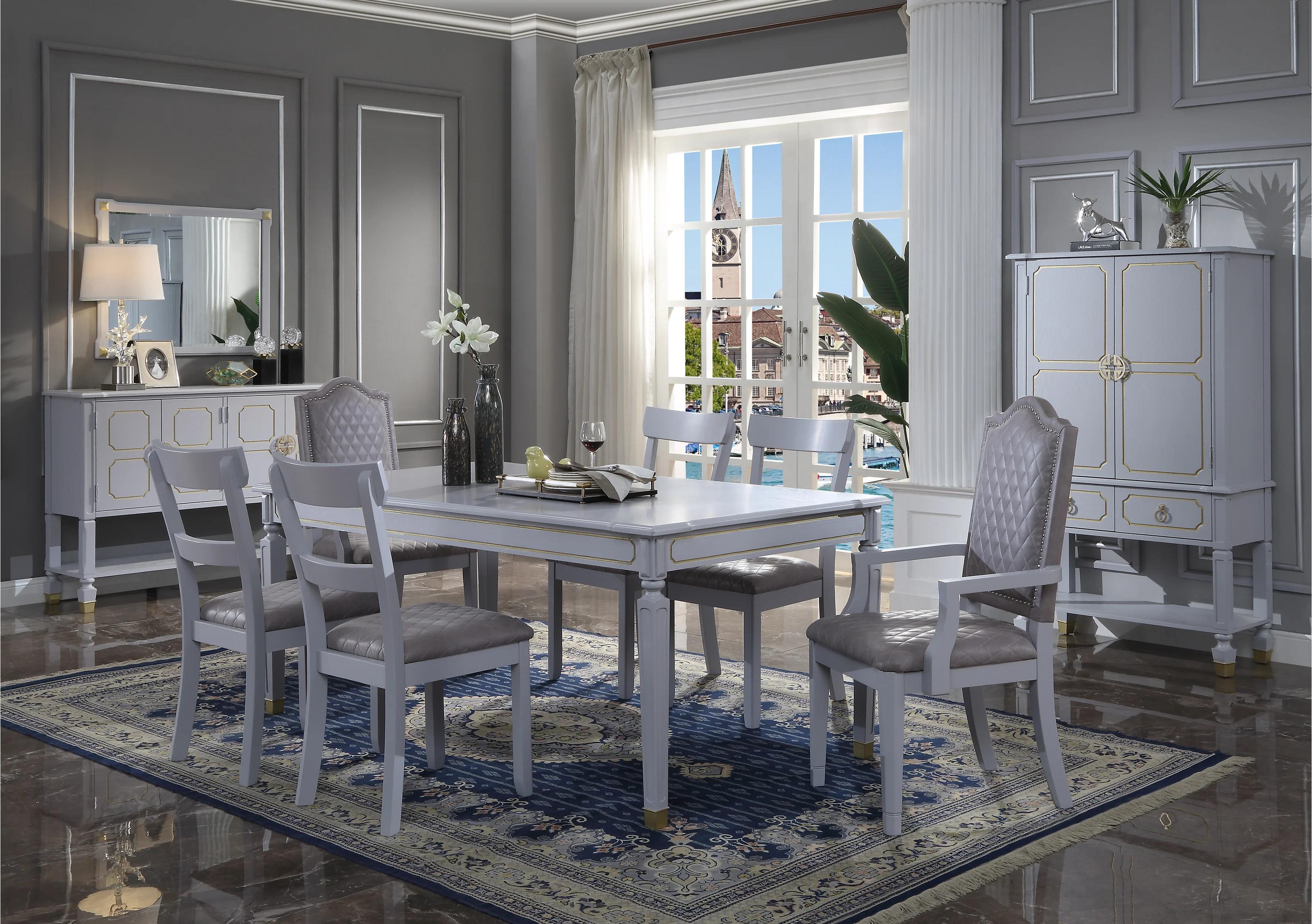 

    
Classic Pearl Gray Dining Table + 6x Chairs + Mirror + Server + Cabinet by Acme House Marchese 68860-10pcs
