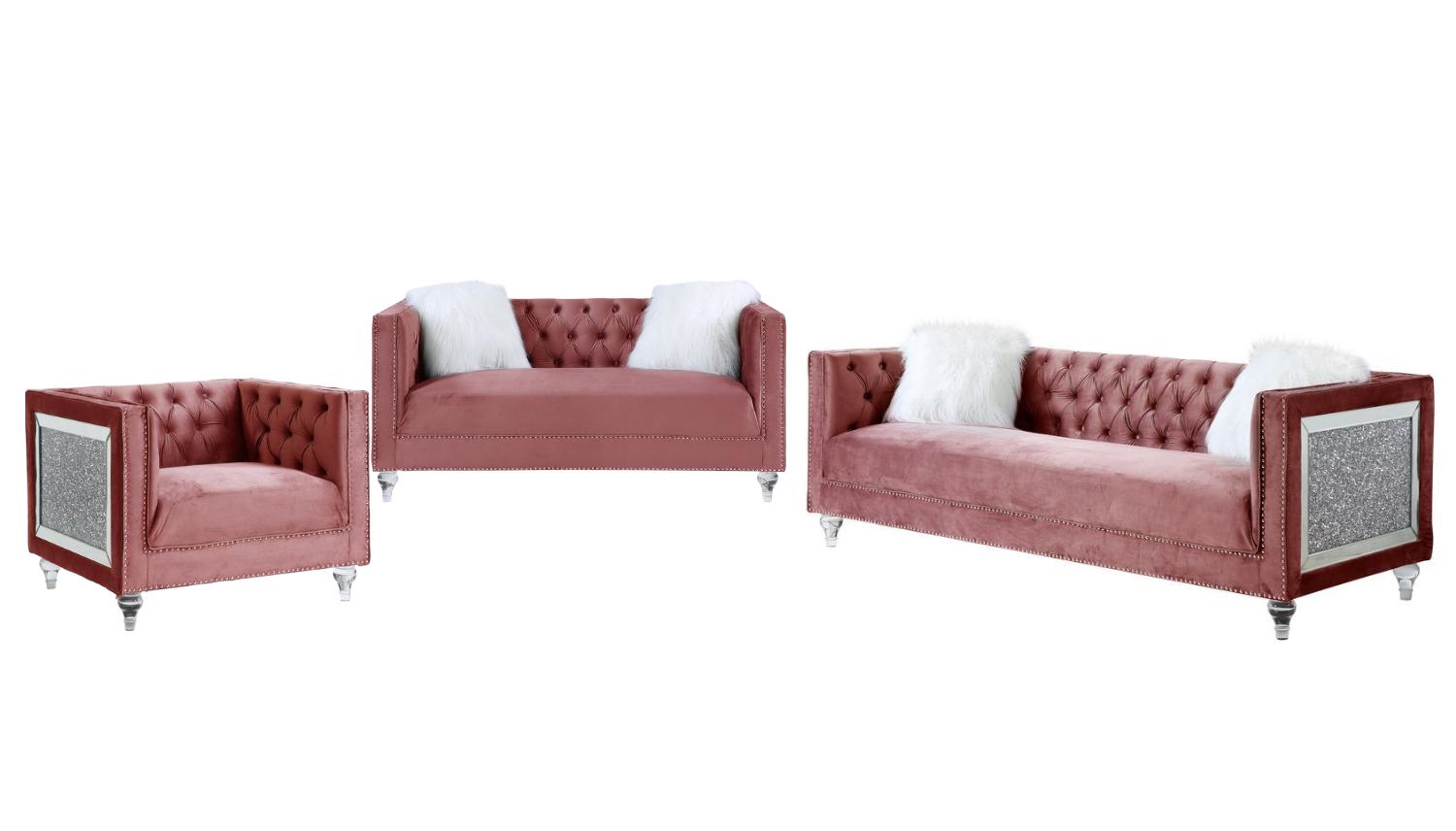Classic Sofa Loveseat and Chair Set HeiberoII LV00327-3pcs in Pink Velvet