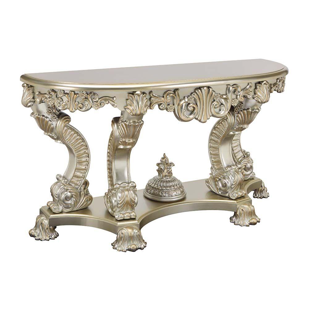 

    
Classic Silver Gold Composite Wood Console Table + Mirror Acme Furniture Sorina LV01214-CT-2PCS

