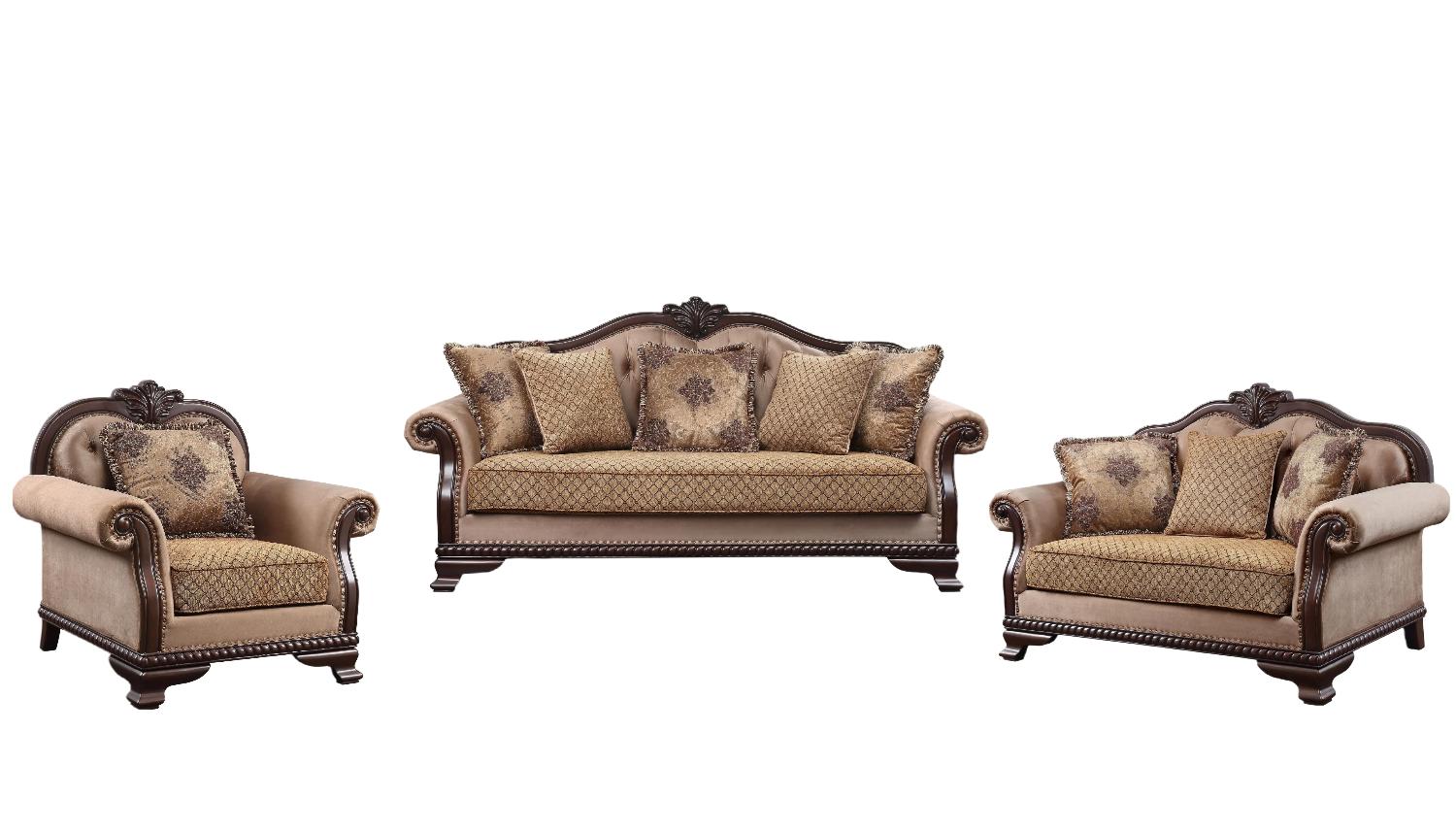 

    
Classic Tan Fabric Sofa + Loveseat + Chair by Acme Chateau De Ville 58265-3pcs

