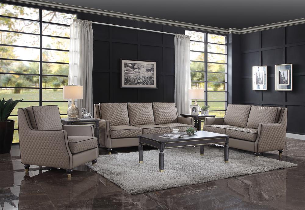 

    
Classic Tan & Tobacco Sofa + Loveseat + Chair by Acme House Marchese 58860-3pcs
