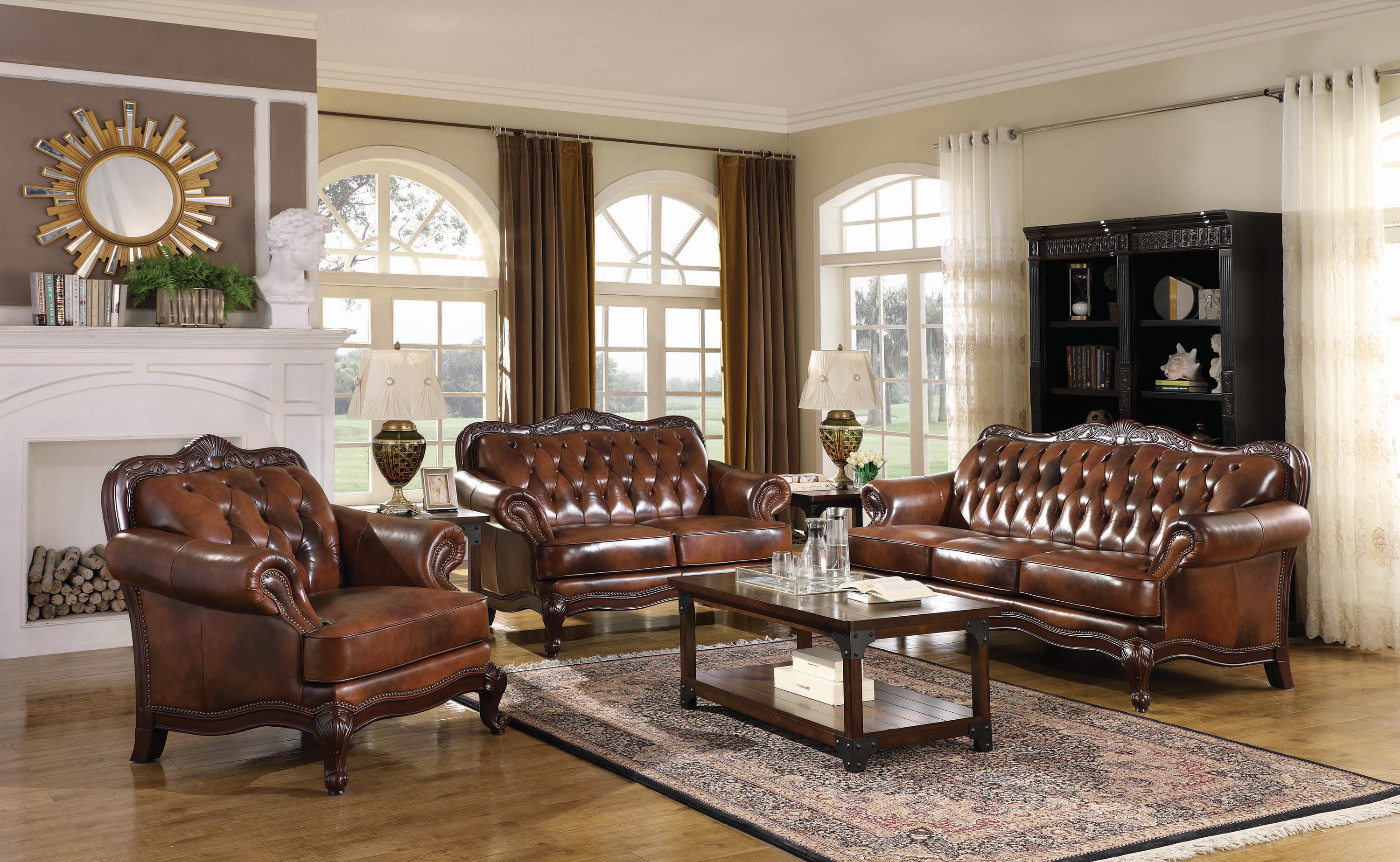 Classic Living Room Set 500681-S2 Victoria 500681-S2 in Brown Leather