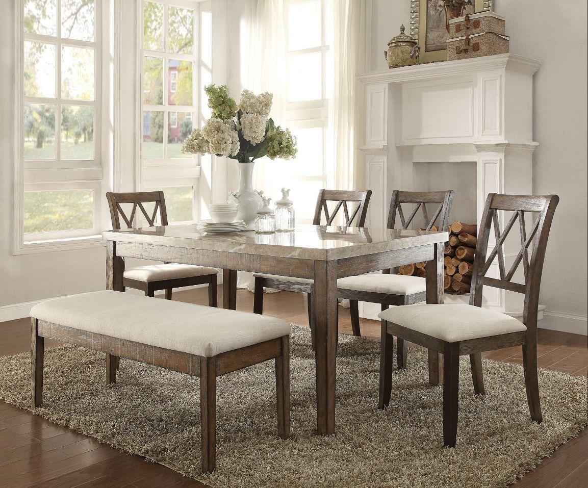 

    
Classic White Marble & Salvage Brown Dining Room Set by Acme Claudia 71715-5pcs
