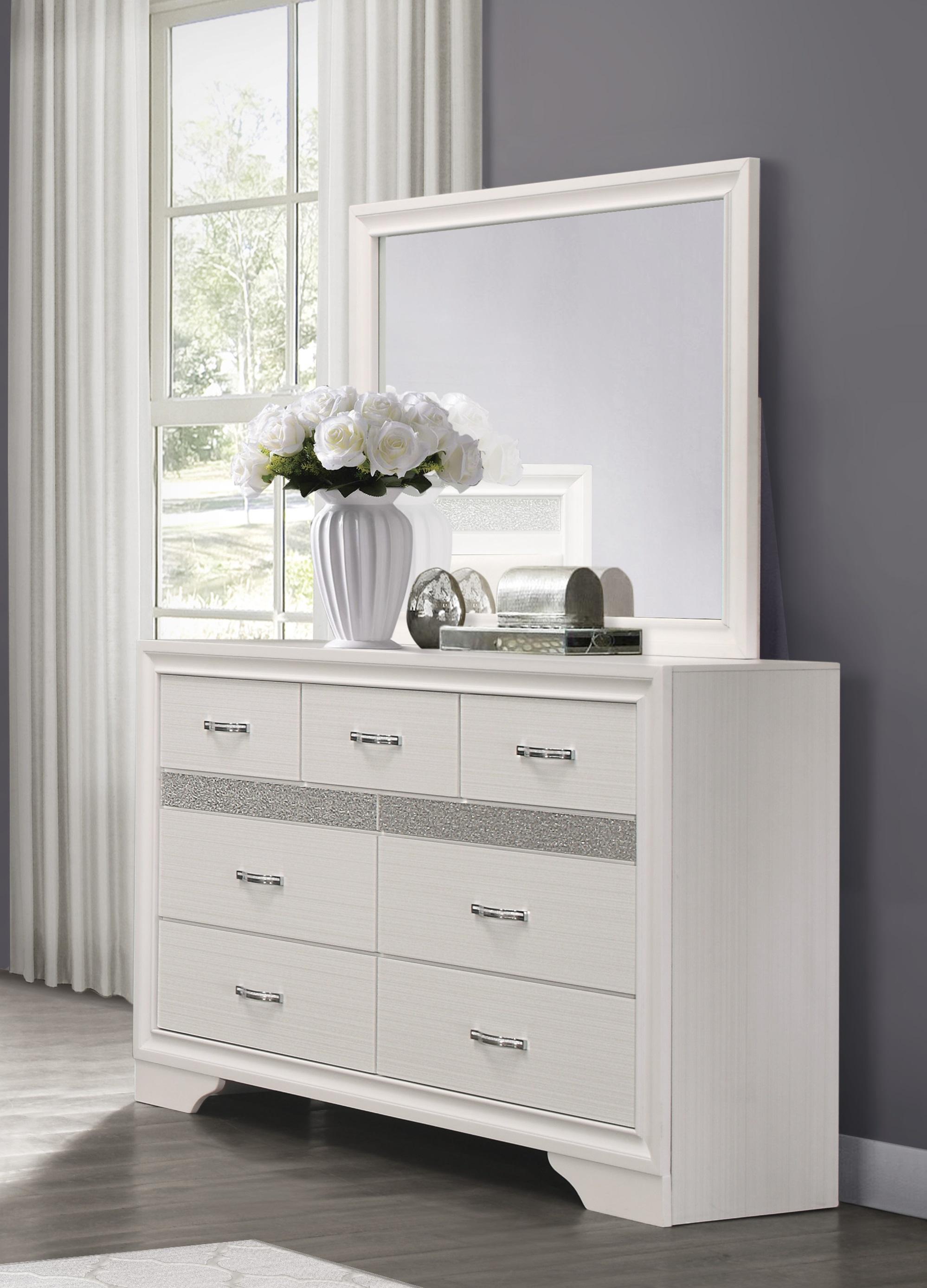 

    
Glam White & Silver Glitter Wood Dresser w/Mirror Homelegance 1505W-5*6 Luster
