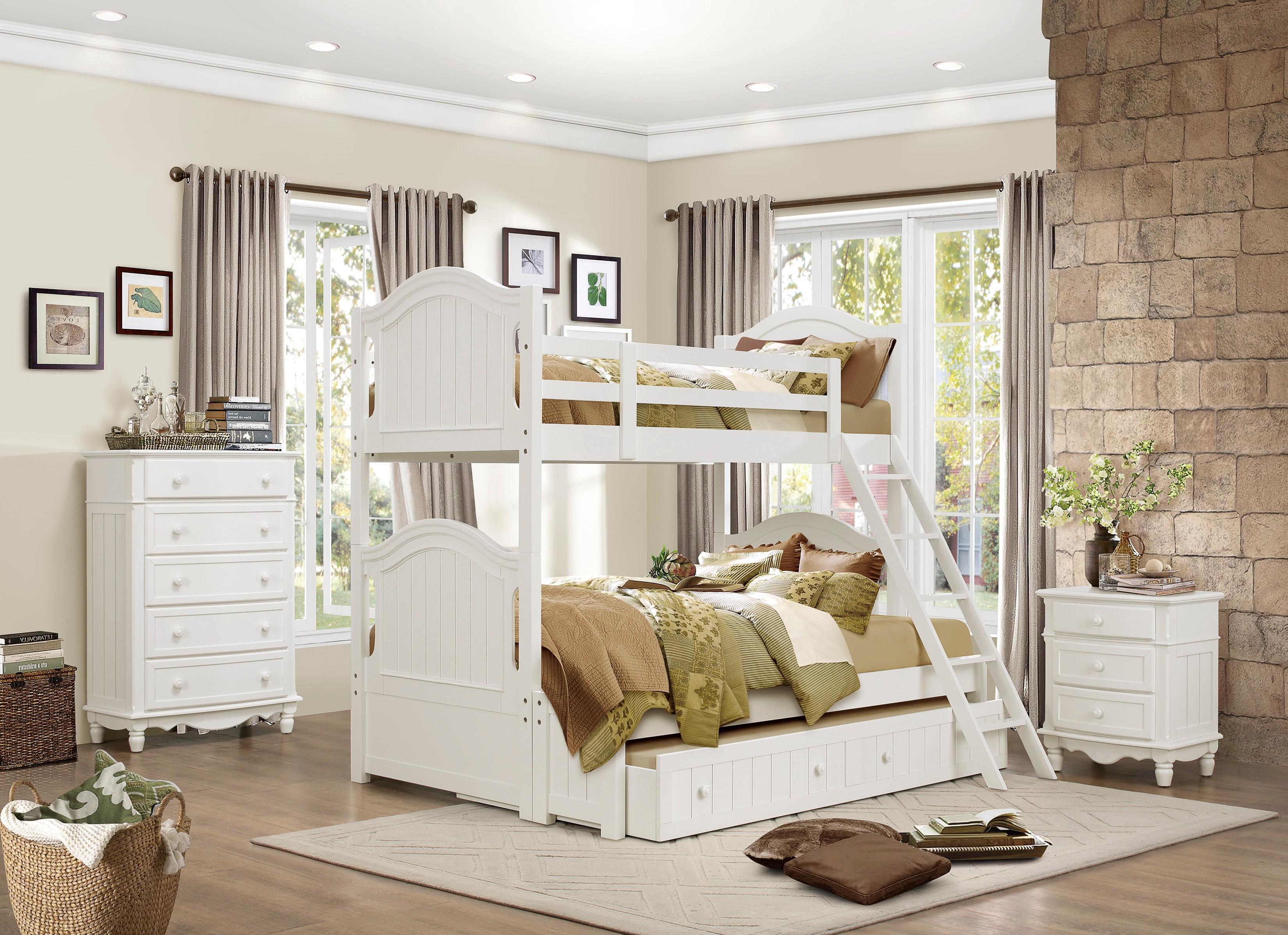 

    
Classic White Wood Twin/Full Bunk Bed w/Twin Trundle Homelegance B1799-1F*R Clementine
