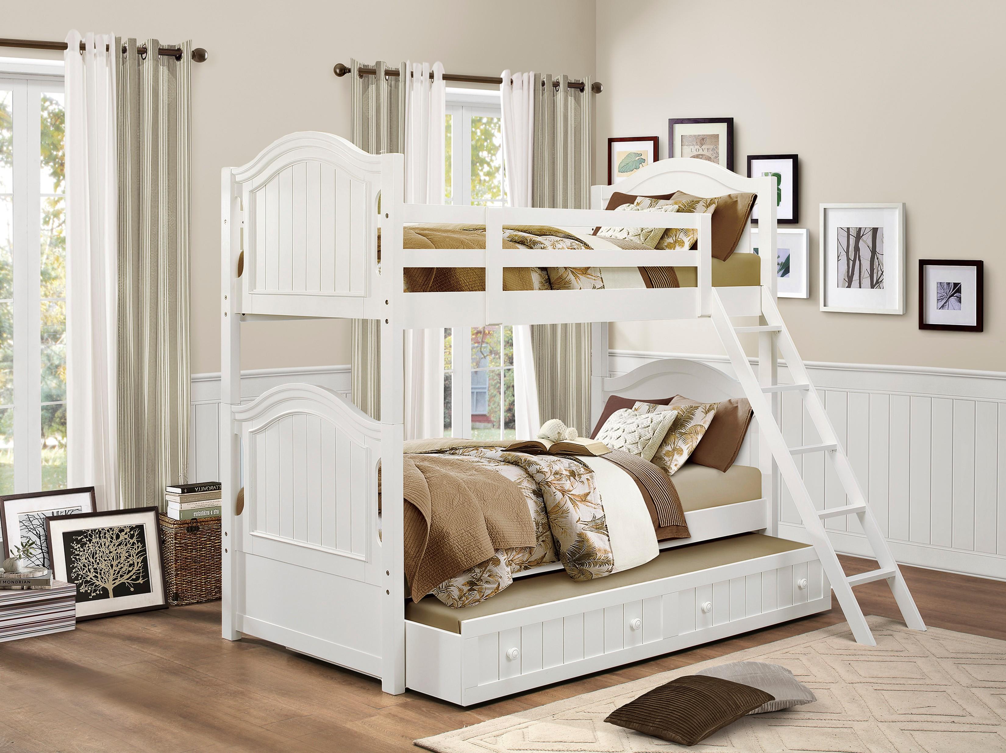 

    
Classic White Wood Twin/Twin Bunk Bed w/Twin Trundle Homelegance B1799-1*R Clementine
