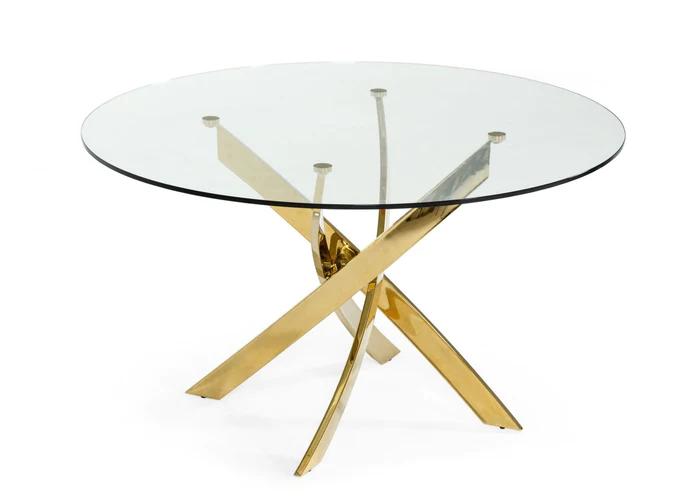 

    
Clear Glass & Gold Round Dining Table by VIG Modrest Pyrite

