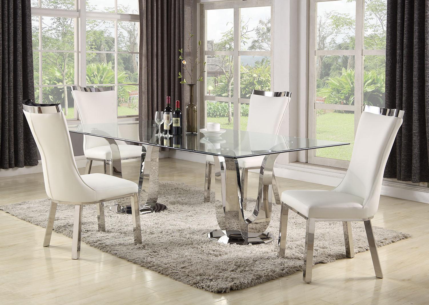 

    
Clear Glass Top Dining Set 5 Pcs w/ White Eco Leather Chairs Modern Adelle by Chintaly Imports

