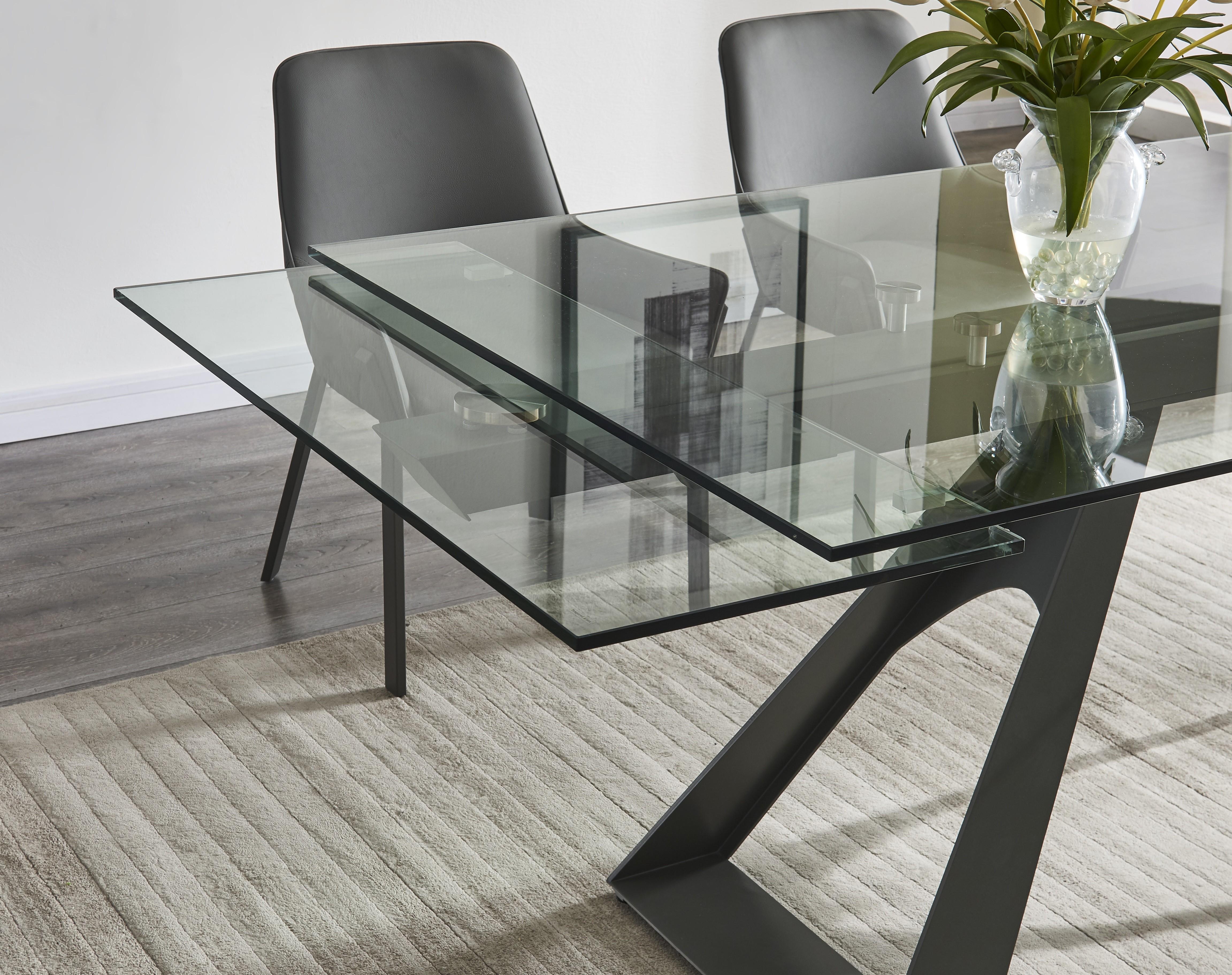 

    
 Order  Clear Glass Top & Gunmetal Legs Extension Dining Table by J&M San Diego 17255
