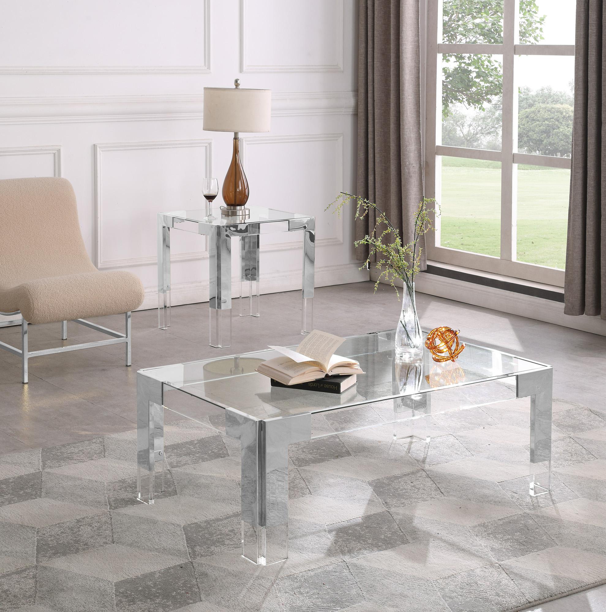 

    
Clear Glass Top & Silver Rectangular Coffee Table Set 2P CASPER 203-CT Meridian
