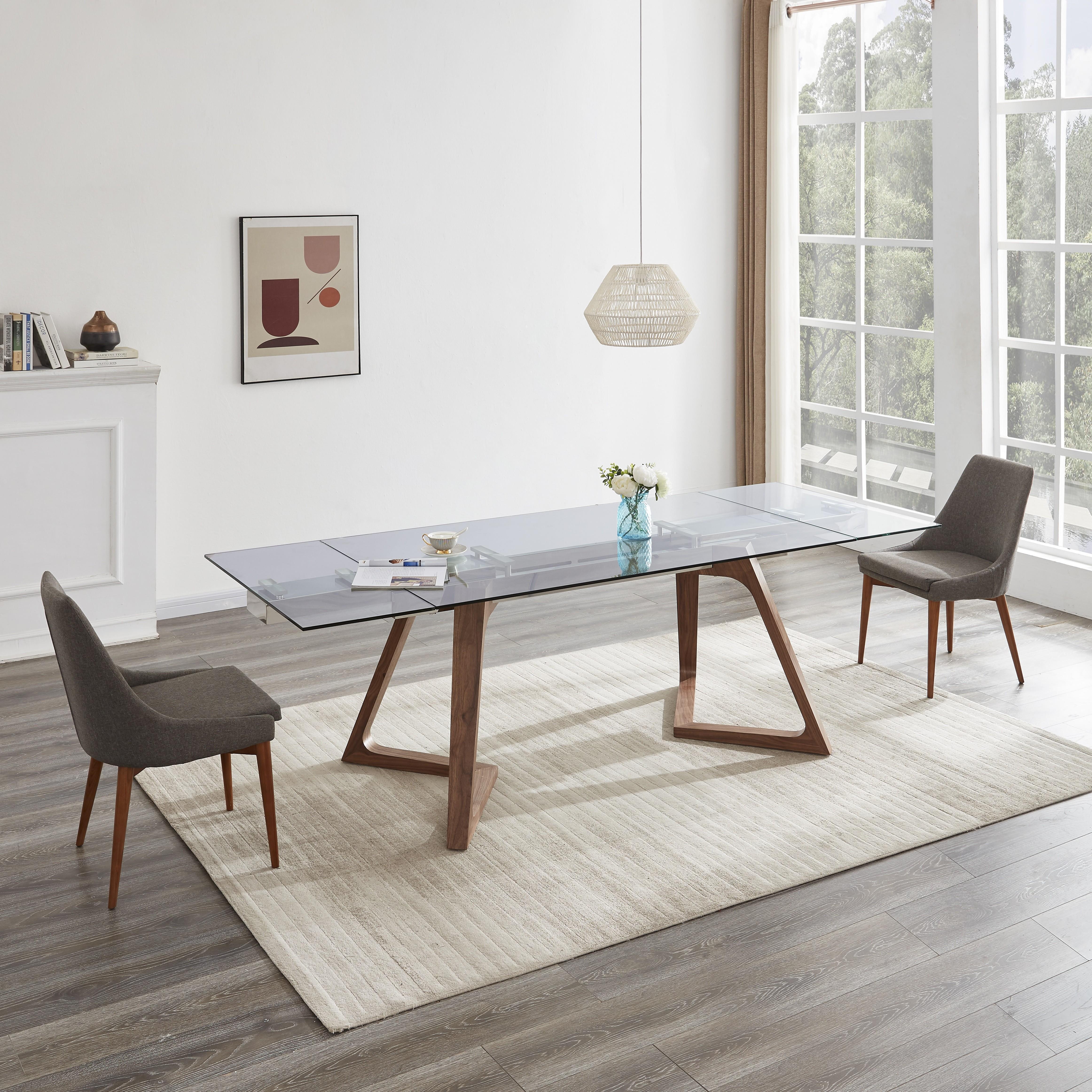 

    
Clear Glass Top & Walnut Legs Extension Table + 4 Chairs Set by J&M Class
