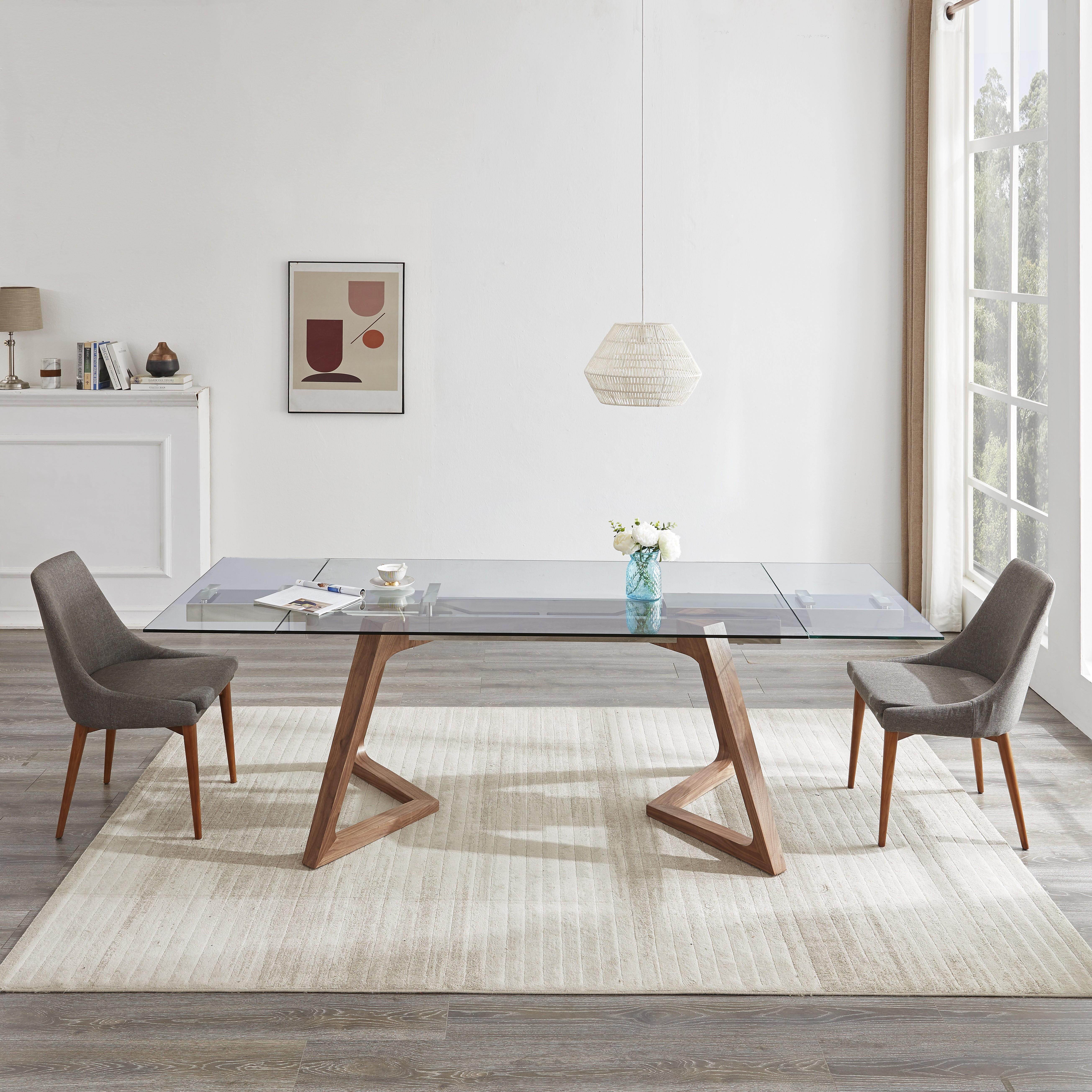 

    
Clear Glass Top & Walnut Legs Extension Table + 6 Chairs Set by J&M Class
