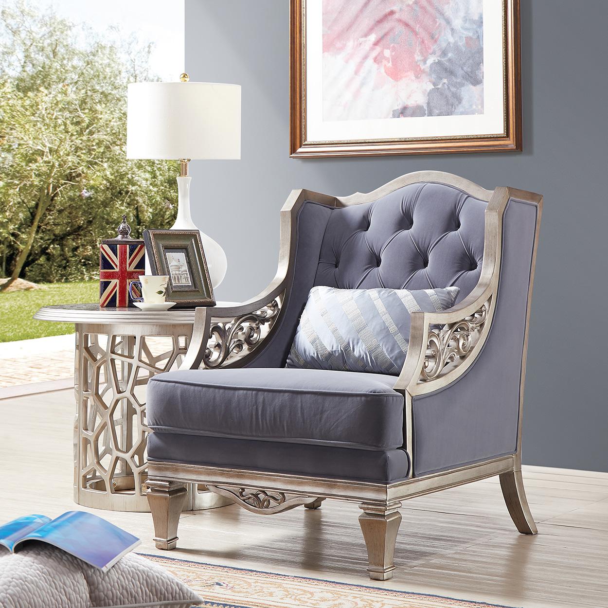 

    
Cobalt Fabric & Silver Finish Armchair Traditional Homey Design HD-701
