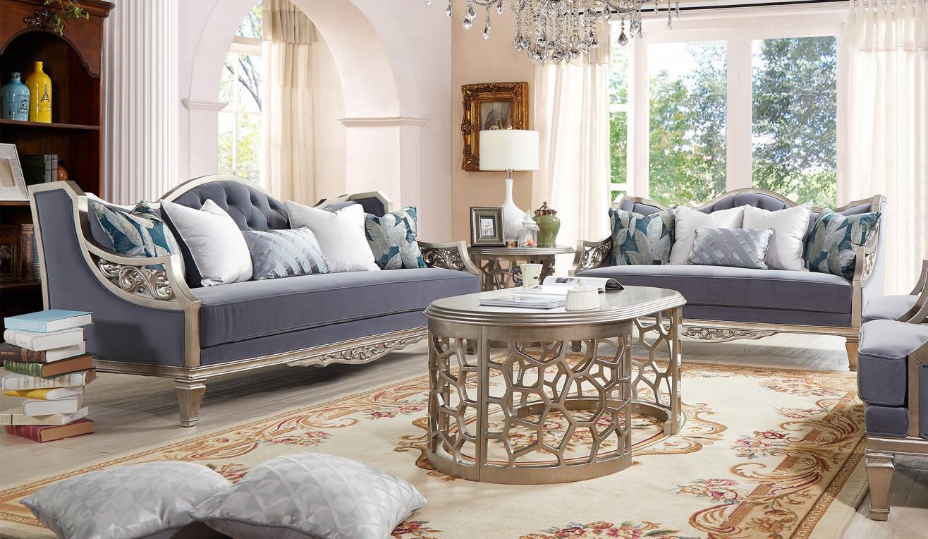 

    
Cobalt Fabric & Silver Finish Sofa Set 2Pcs Traditional Homey Design HD-701
