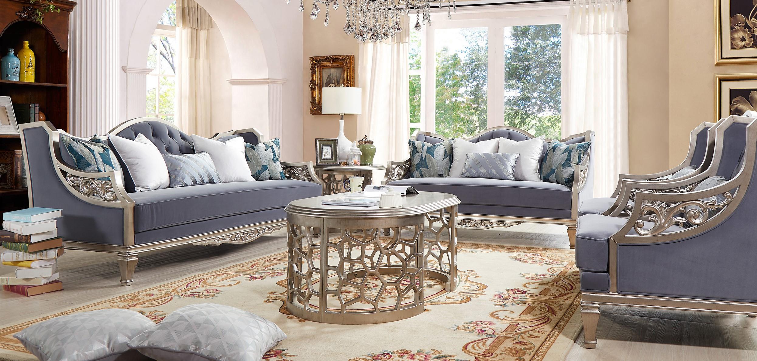 

    
Cobalt Fabric & Silver Finish Sofa Set 3Pcs Traditional Homey Design HD-701

