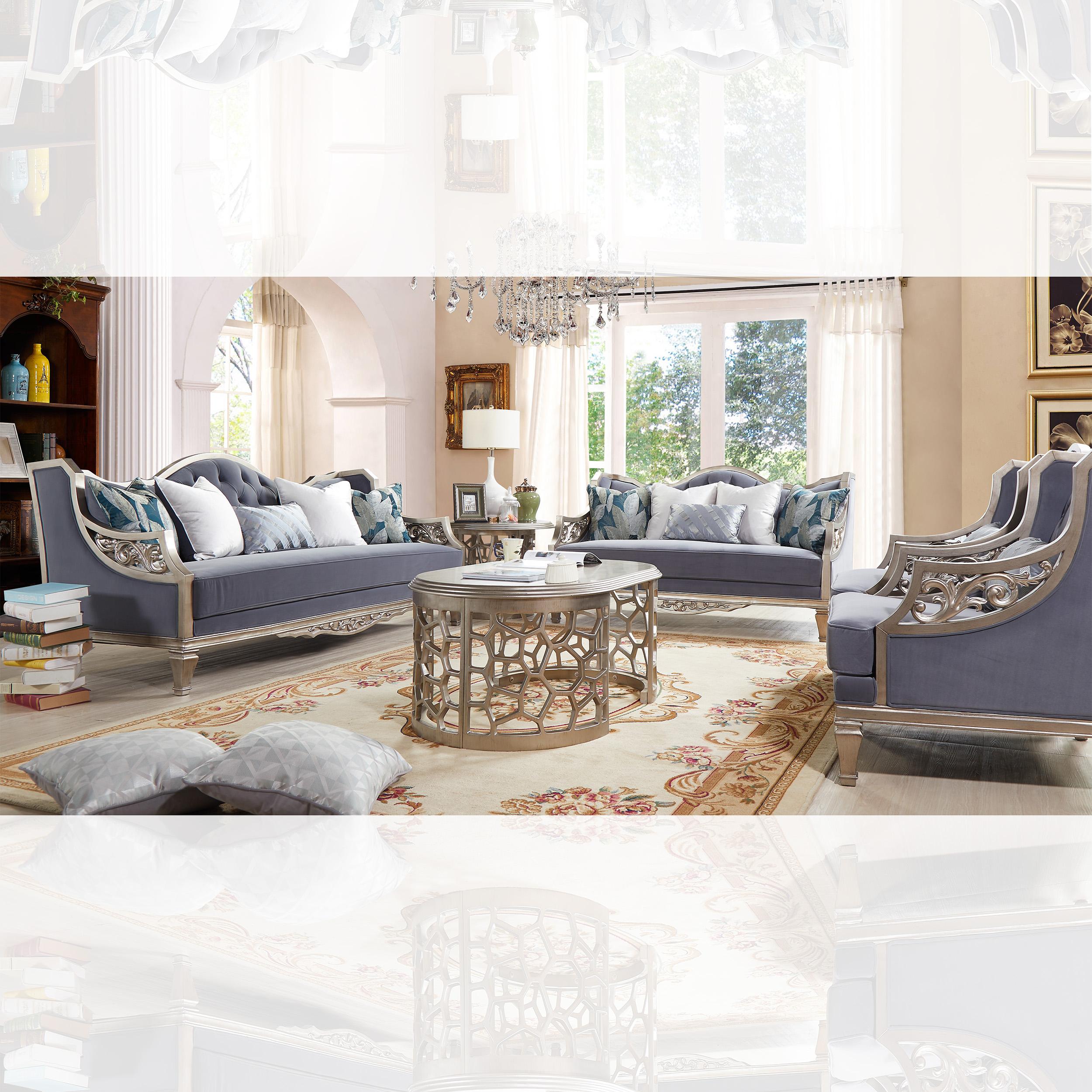 

    
HD-701-5PC Cobalt Fabric & Silver Finish Sofa Set 5Pcs w/ Coffee Tables Traditional Homey Design HD-701
