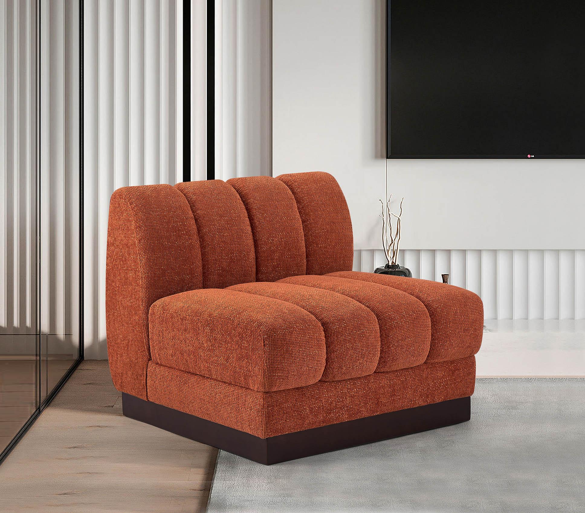 

    
Cognac Chenille Armless Chair QUINN 124Cognac-Armless Meridian Contemporary
