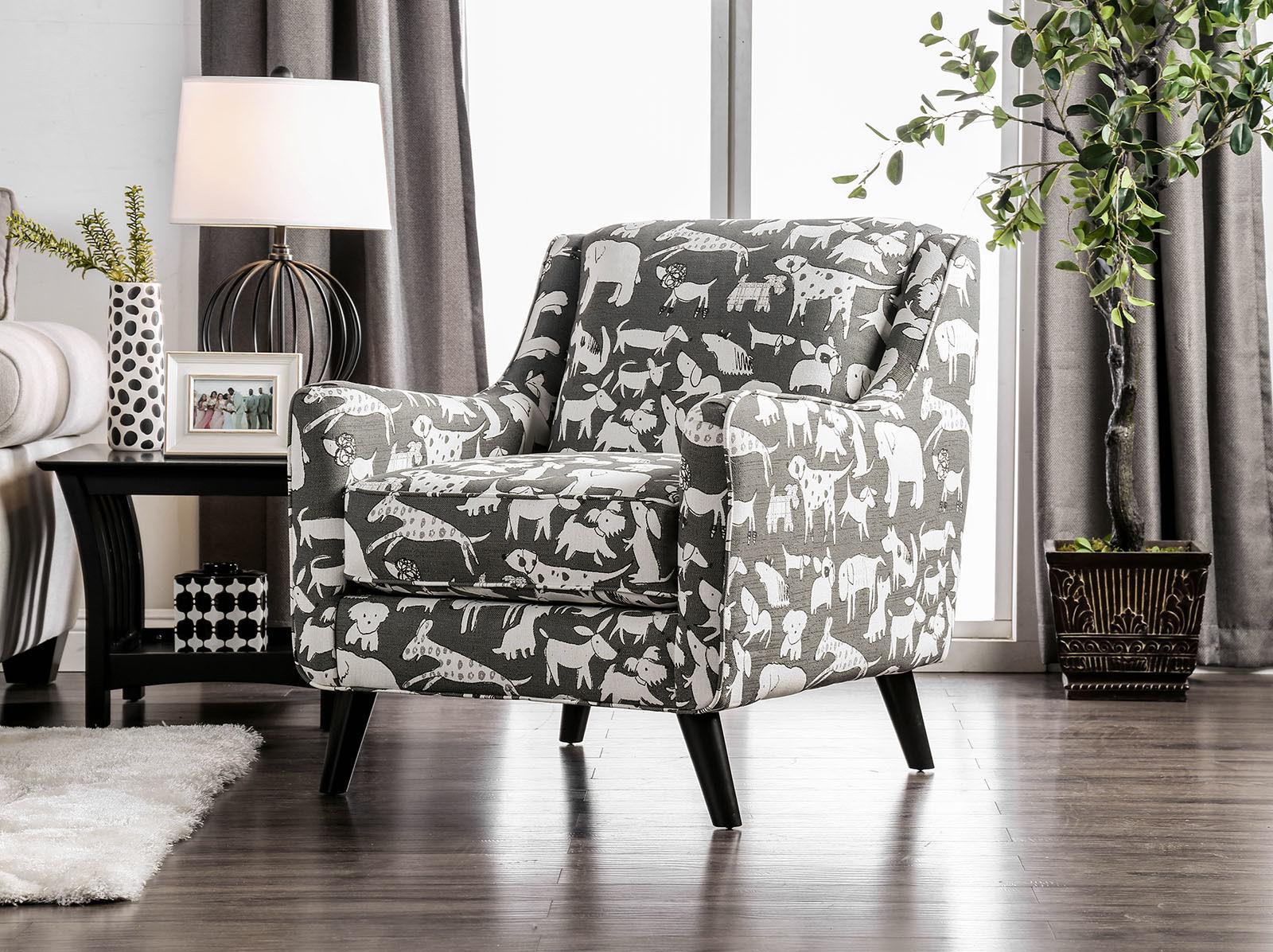 

    
Contemporary Animal Pattern Fabric Arm Chair Furniture of America SM8171-CH-DG Patricia
