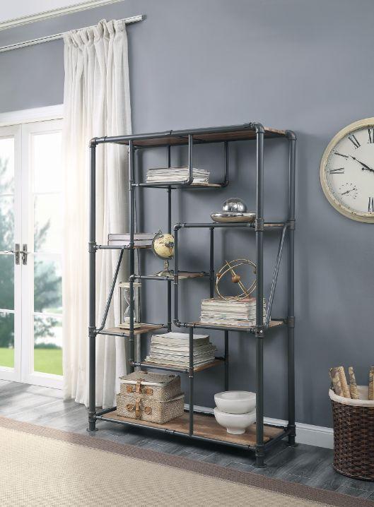 

    
Contemporary Antique Oak & Sandy Gray Finish Bookshelf Wood and Metal by Acme Brantley 35887
