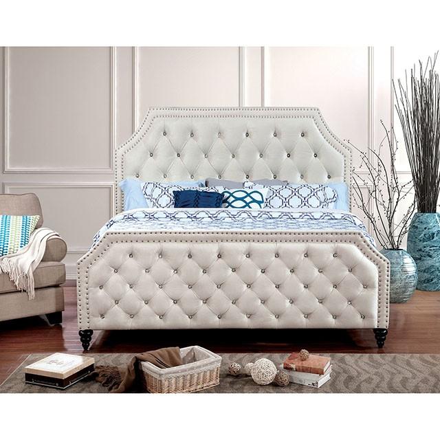 Contemporary Panel Bed CLAUDINE CM7675EK CM7675EK-BED in Beige Fabric