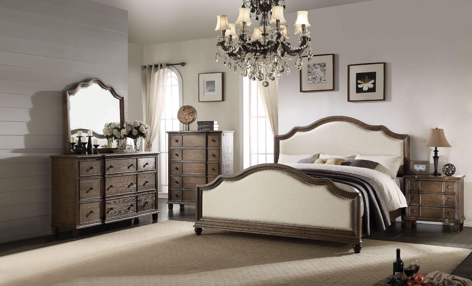 

    
Contemporary Beige Linen & Weathered Oak 5PCS Bed Set by Acme Baudouin 26110Q-5pcs
