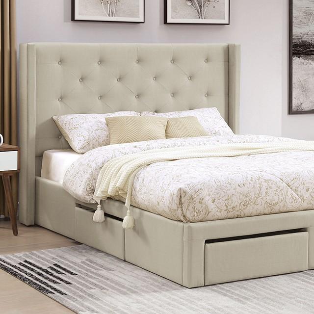 

    
Contemporary Beige Solid Wood King Platform Bed Furniture of America Mitchelle FOA7242BG-EK
