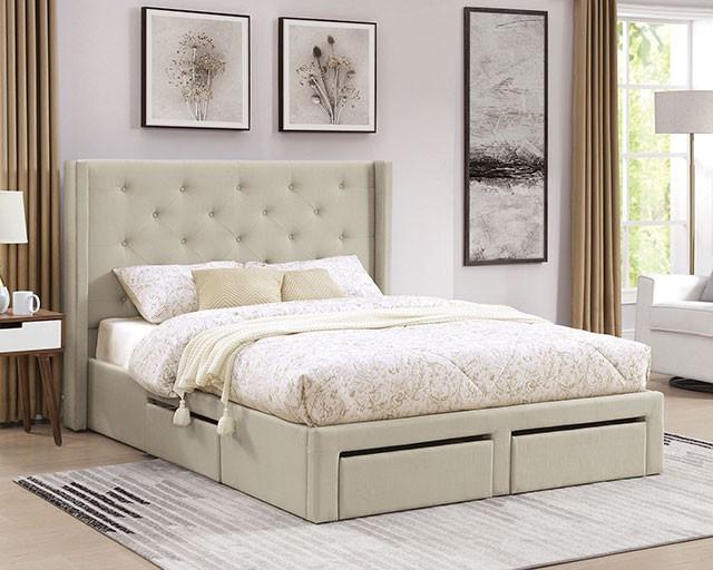 

    
Contemporary Beige Solid Wood King Platform Bed Furniture of America Mitchelle FOA7242BG-EK
