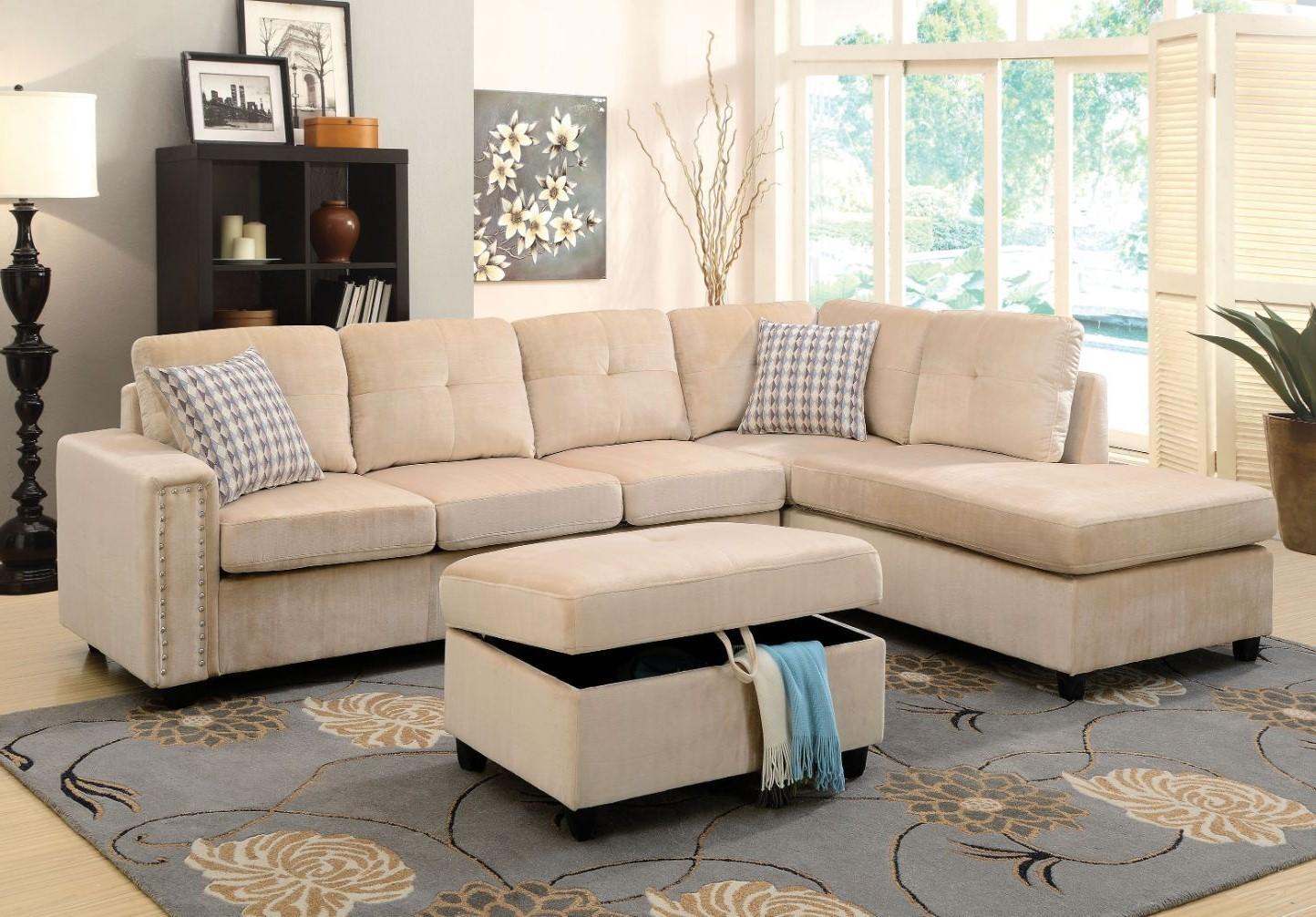 

    
Contemporary Beige Velvet Reversible Sectional Sofa w/ Ottoman by Acme Belville 52705-4pcs
