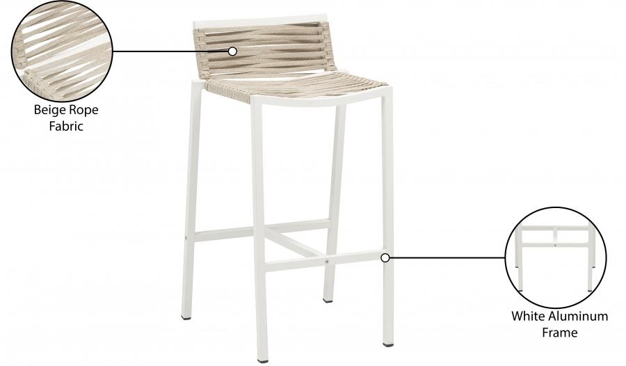

    
 Order  Contemporary Beige/White Aluminium Patio Barstool Set 2PCS Meridian Furniture Maldives 344Beige-C-2PCS
