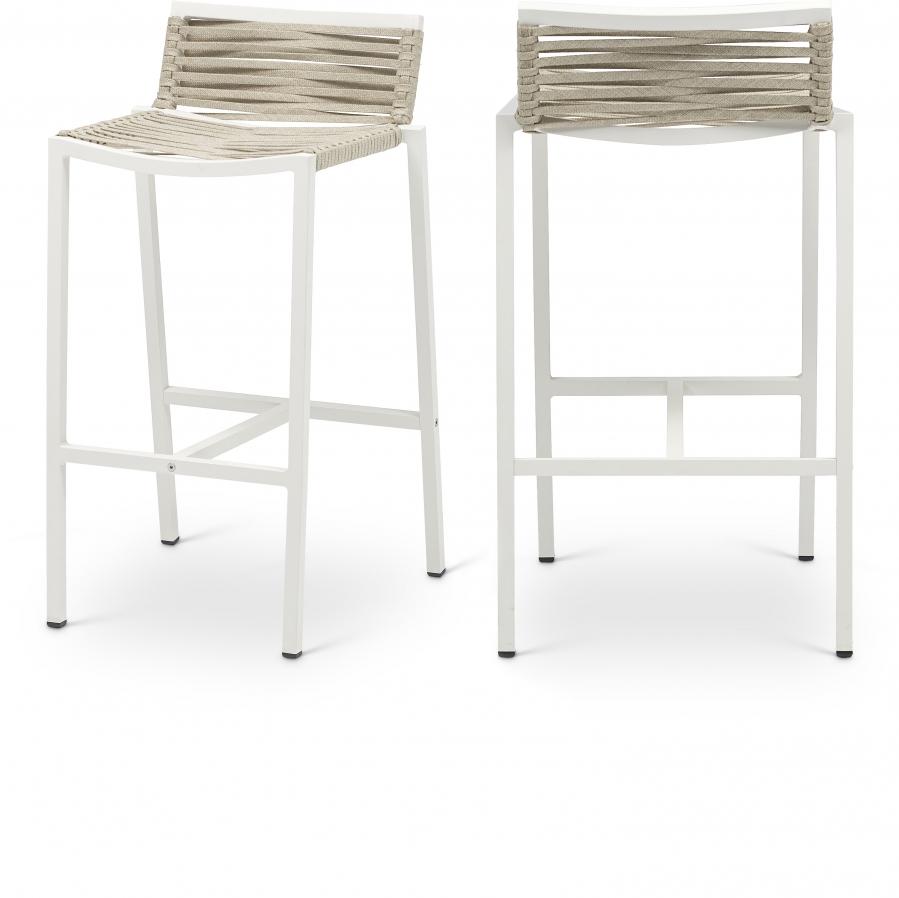 

    
Contemporary Beige/White Aluminium Patio Barstool Set 2PCS Meridian Furniture Maldives 344Beige-C-2PCS
