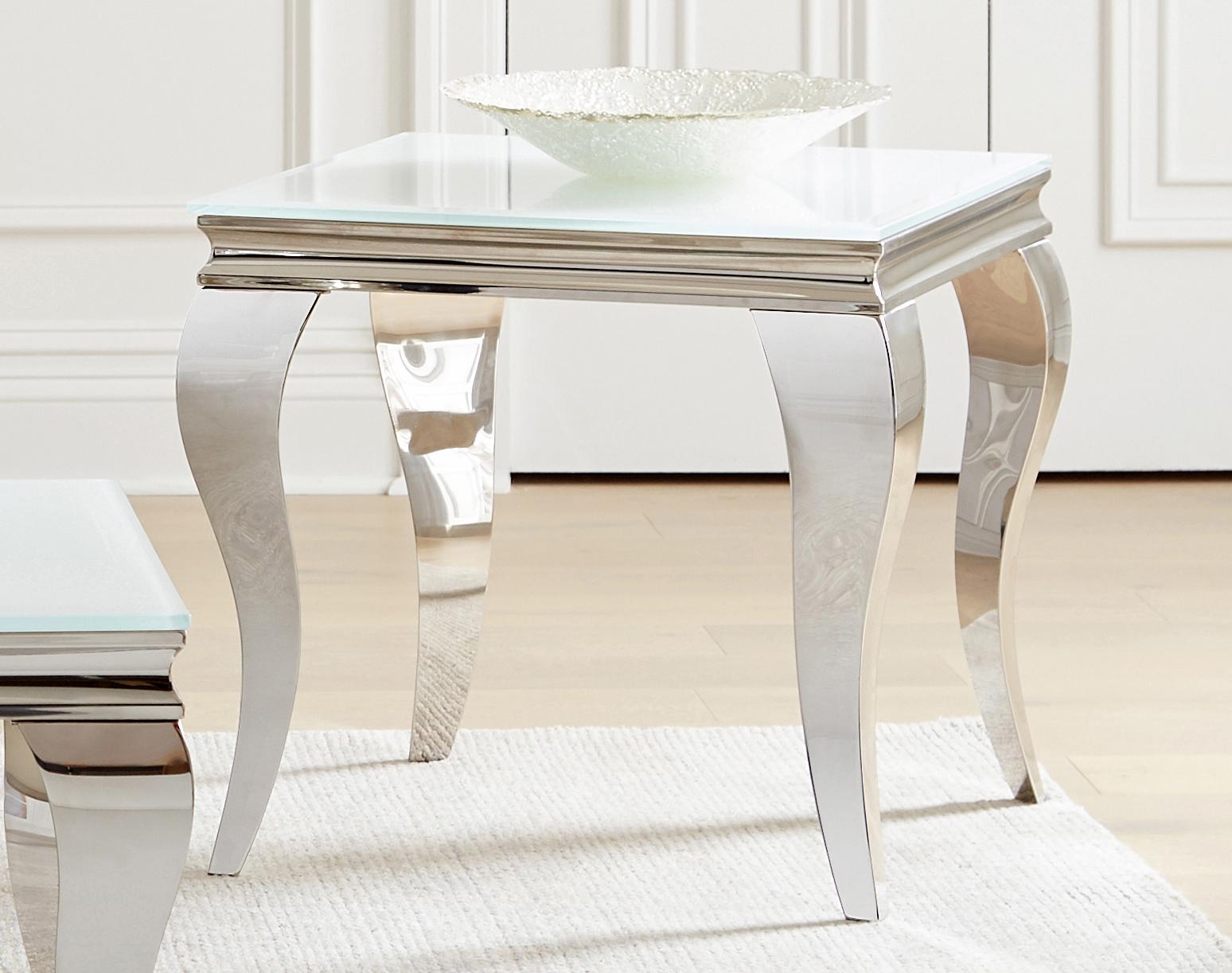 

    
Contemporary Beveled White Glass & Stainless Steel End Table Coaster 707767
