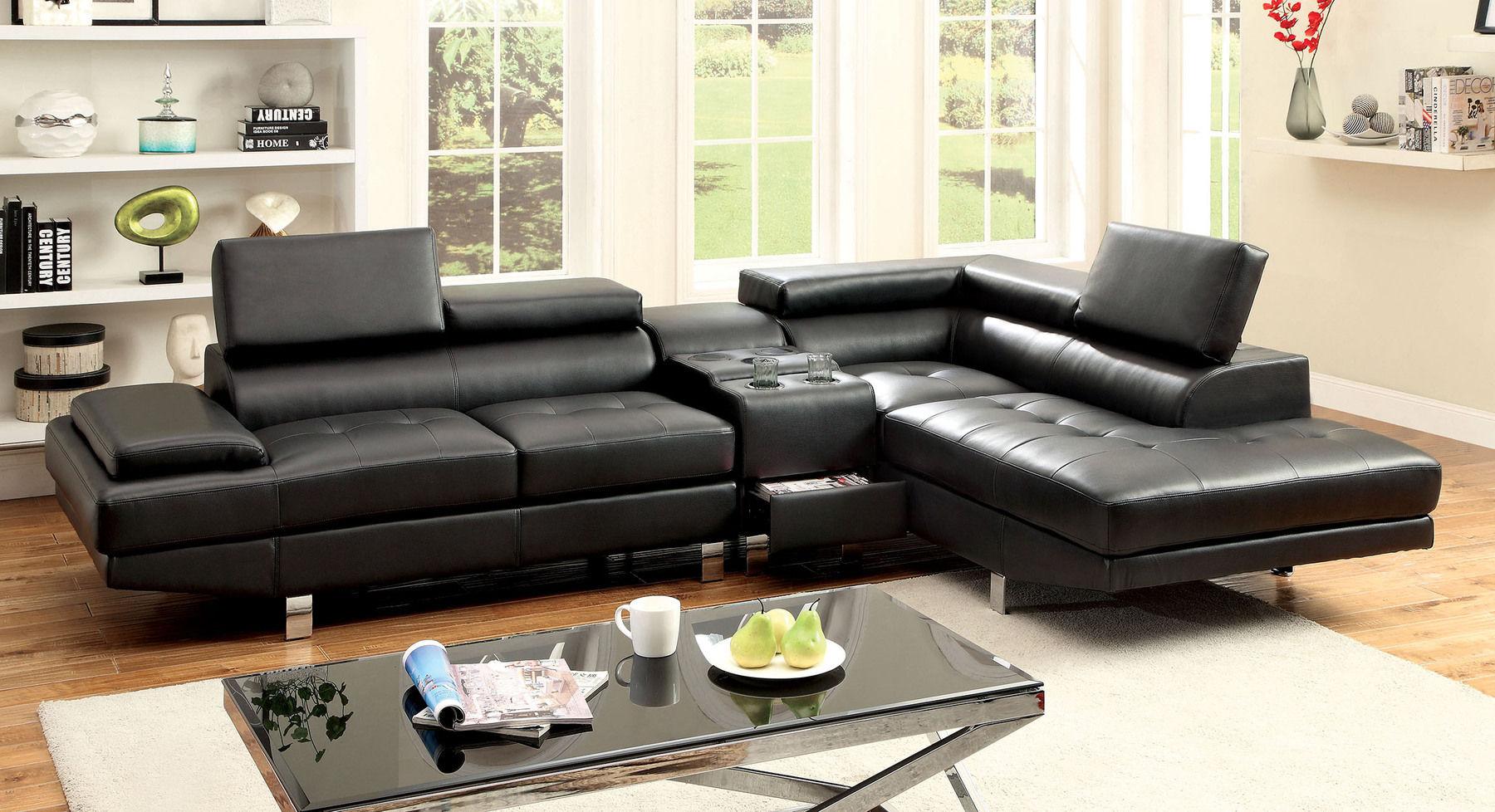 

    
Contemporary Black Bonded Leather Sectional Sofa and Speaker Console Furniture of America Kemina

