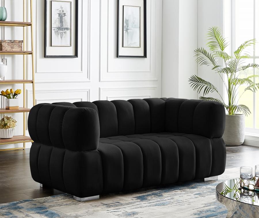 

    
 Shop  Contemporary Black Engineered Wood Living Room Set 2PCS Meridian Furniture Gwen 670Black-S-2PCS
